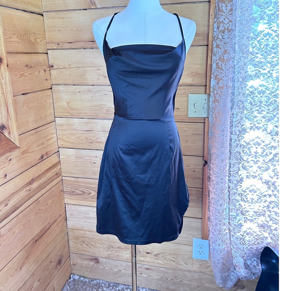 Satin Mini Dress Womens Medium Navy Black Cowl Neck Open Back Strappy Goth Rave